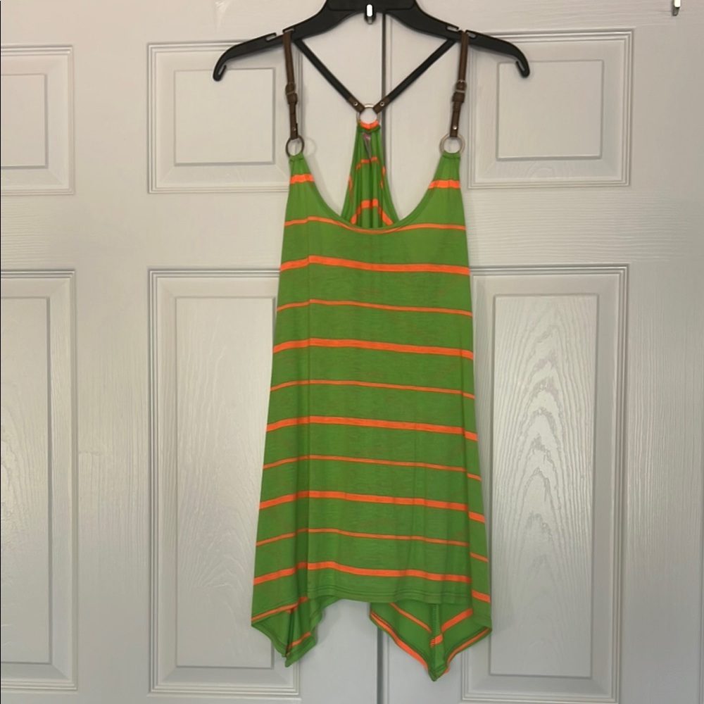 Chris & Carol Green With Bold Orange Stripes Asymmetrical Hem Backless Tank Top
